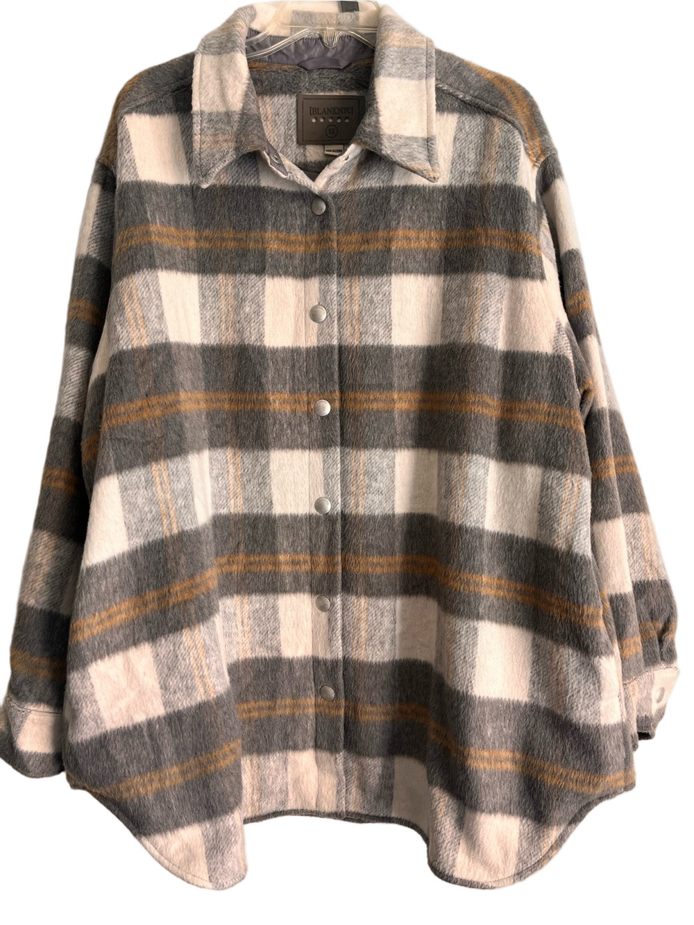 BlankNYC Oversized Plaid Shacket Gray Cream Snap Buttons Womens 1X Lined